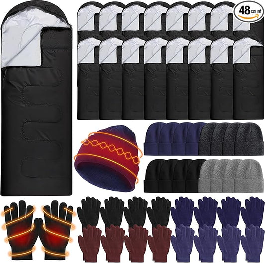 48 Pcs Sleeping Bags for Homeless Winter Beanies Gloves for Homeless Donation Shelter Season Warm Sleeping Bag Bulk with Sack Fleece Gloves and Hat for Cold Weather Emergencies Charity