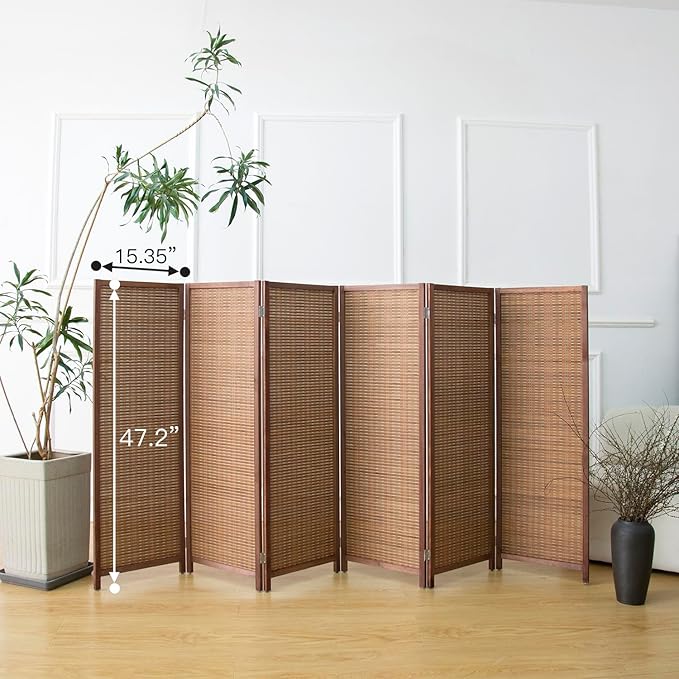 6 Panel Room Divider Short Folding Screen Divider,Double Sided Bamboo Panel Divider for Room Separation,Brown,47.2" H x 92.1" W