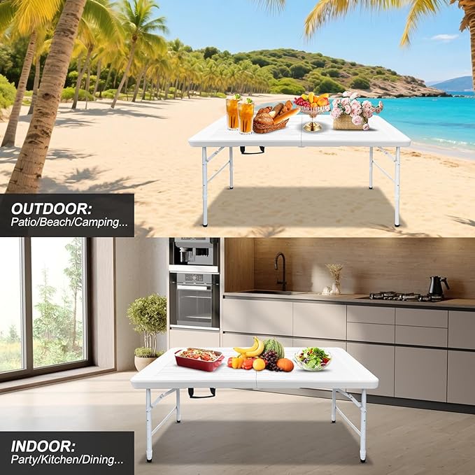 Folding Table, 4FT/6 FT Foldable Table with Carrying Handle, Steel Legs Heavy Duty Portable Utility Table for Party, Dining, Wedding, Events, Picnic Indoor, Outdoor, Camping