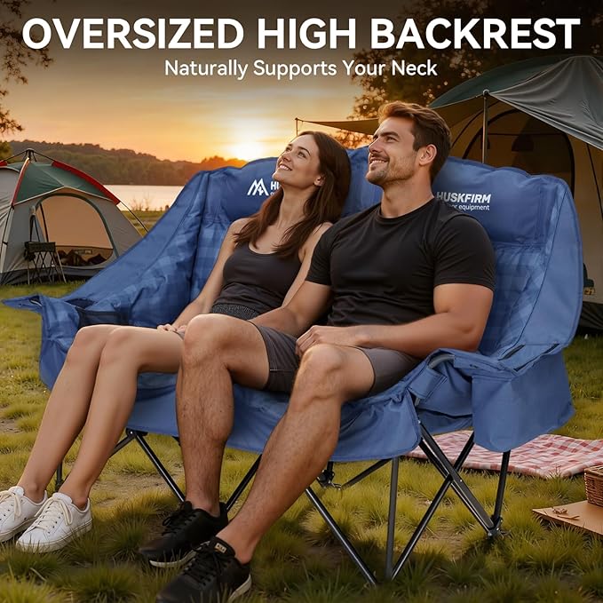 Padded Double Camping Chairs High Back Double Camp Chair Oversized Loveseat Camping Chair Support 800LBS Heavy Duty Camping Couch with Cup Holders, Cooler, Carry Bag, Blue