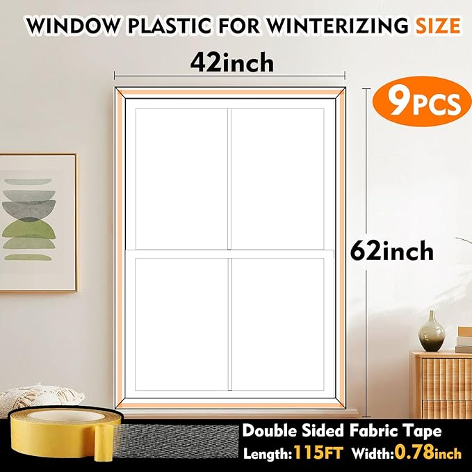 62''x42'' Window Insulation Kit-9PCS, Window Plastic for Winterizing, Window Insulation for Winter, high-Clarity