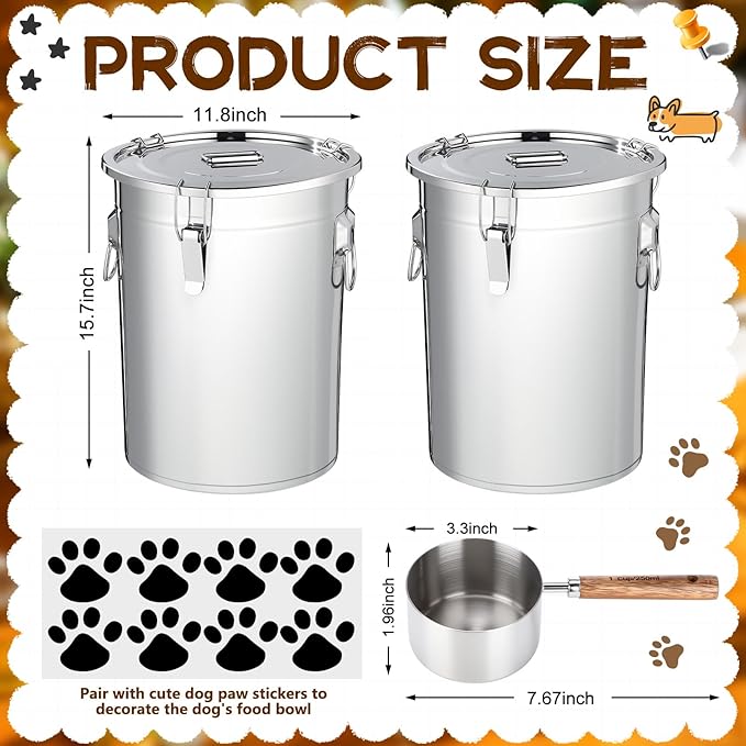Lounsweer 2 Pack 7 Gal Stainless Steel Dog Food Storage Container with Lid and Locking Clamp 28 L Metal Airtight Container Large Stainless Steel Bucket with Food Scoop for Pet Feed (Classic)