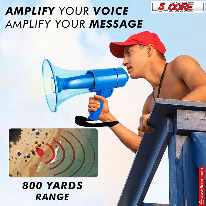 5 CORE Megaphone 50W Waterproof Bull Horn PA Speaker w 800 Yards Range Flashlight Loud Siren Voice Amplifier Lightweight Portable Megafono for Outdoor Sports Cheerleading and Coaches - HW 18 WP