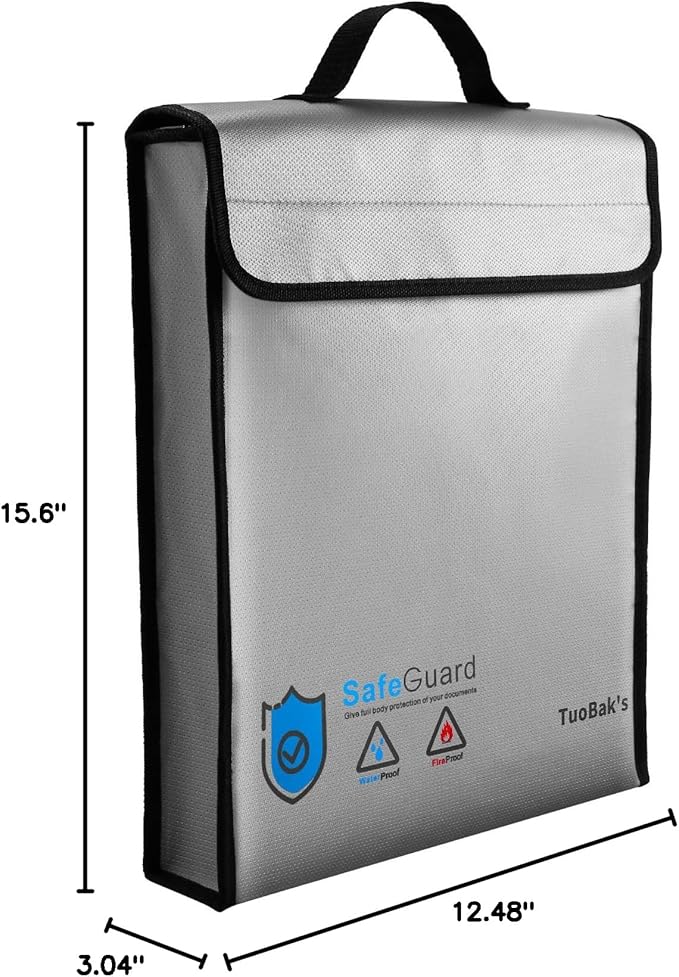 TuoBak's Fireproof Waterproof Document Bag with Zipper,Heat Insulated Upgraded Fireproof Document Bag 15.8”x 12.6”×2.5” for Important Document Storage Organizer for Valuables, Legal Documents Safe