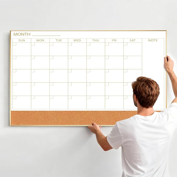 ARCOBIS Large Dry Erase Calendar with Cork for Wall, 48"x 30" Magnetic Calendar Whiteboard with Gold Frame, Monthly Combination Board for School, Home, Office