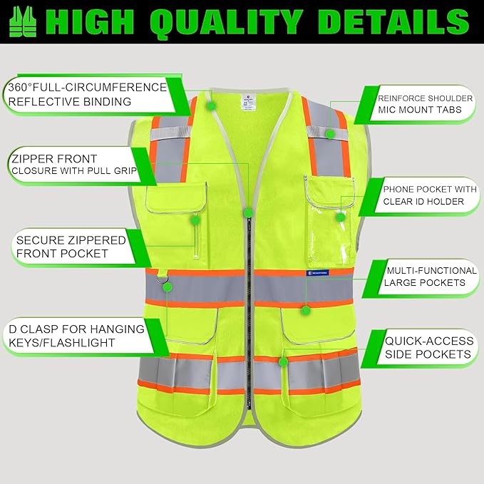 BeautyWill 10 Pack Custom Logo Safety Vest ANSI Class 2 High Visibility Reflective Vest Personalized Construction Vest Bulk