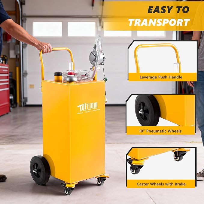 TUFFIOM 30 Gallon Portable Gas Caddy w/Swivel Wheels,Fuel Storage Tank, Gasoline Diesel Can with Fuel Transfer Rotary Hand Siphon Pump for Automobile ATV Car Mower Tractor Boat Motorcycle