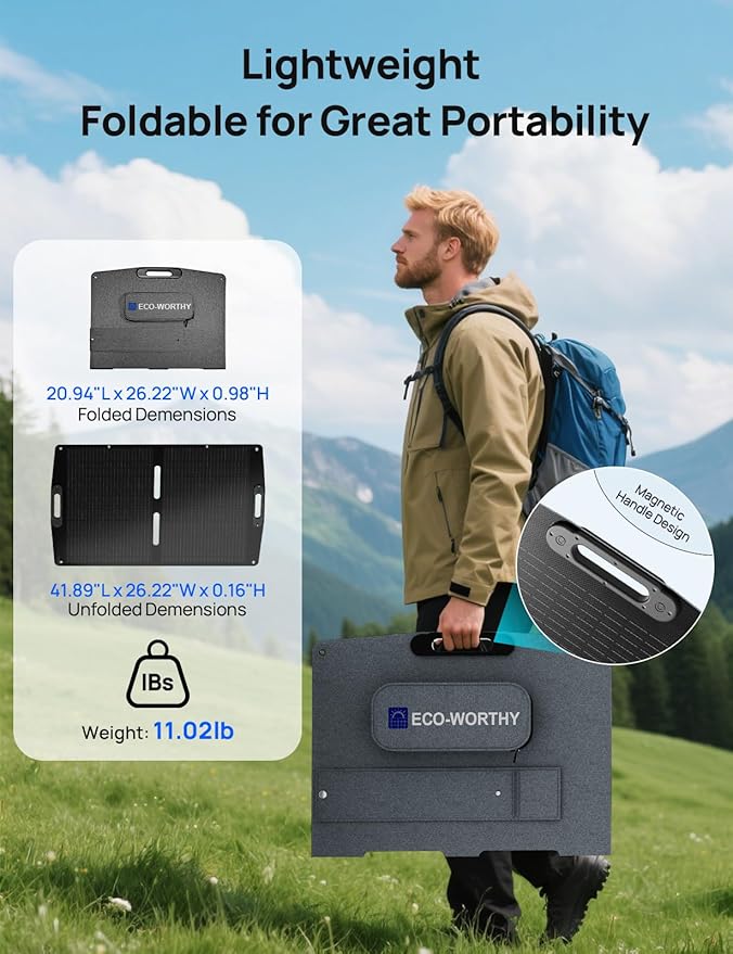 ECO-WORTHY 100W Portable Solar Panel for Power Stations,IP65 Waterproof & Lightweight with Adjustable Kickstand,23% High Efficiency Foldable Solar Panel for Outdoor RV Camping Off Grid Emergency