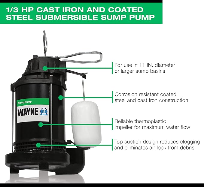 WAYNE CDU790-1/3 HP Submersible Cast Iron and Stainless Steel Sump Pump with Integrated Vertical Float Switch - Up to 4,600 Gallons Per Hour - Heavy Duty Basement Sump Pump, Black