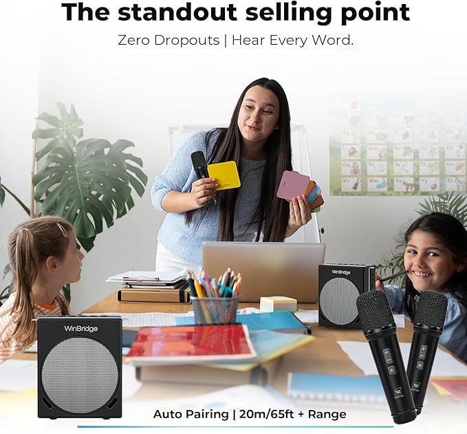 Portable Microphone & Bluetooth Microphone System with Speaker, WinBridge S90 30W Voice Amplifier PA System with 2 Wireless Handheld Mics for Teachers, Tour Guide, Clear Sound