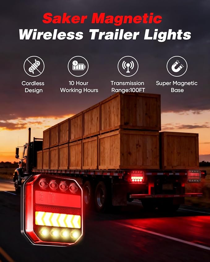 Saker Wireless Trailer Lights Magnetic, 2.4GHz Remote LED Tow Kit with 100FT Range & 1-Mile Visibility, USB-C Charging IP65 Waterproof for Trucks, RVs, Boats, Trailers