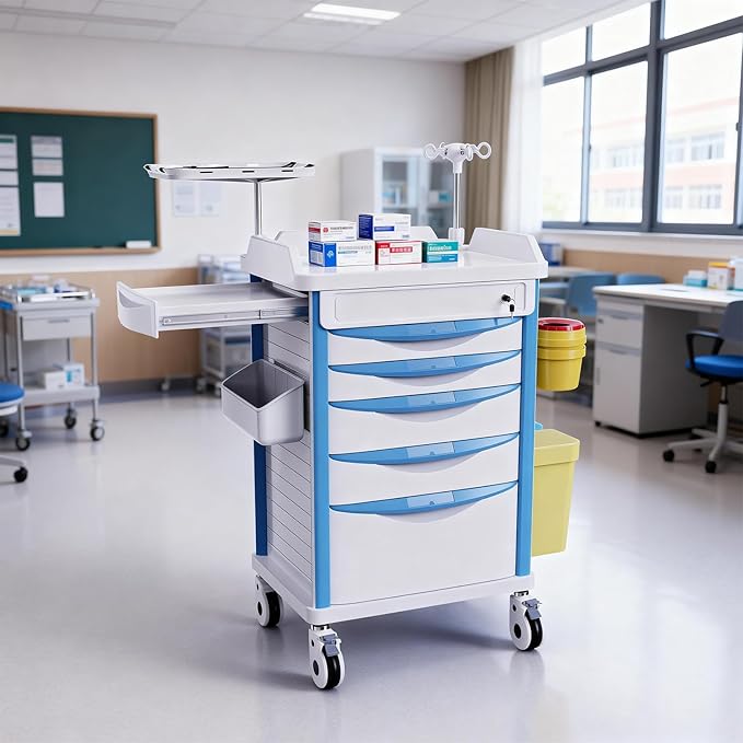 Adjustable Rolling Medical Storage Crash Cart - Includes Silent Casters, IV Pole, Needle Disposal Holder, Trash Bin & O2 Holder - Ideal Nursing Trolley for Clinics, Hospitals
