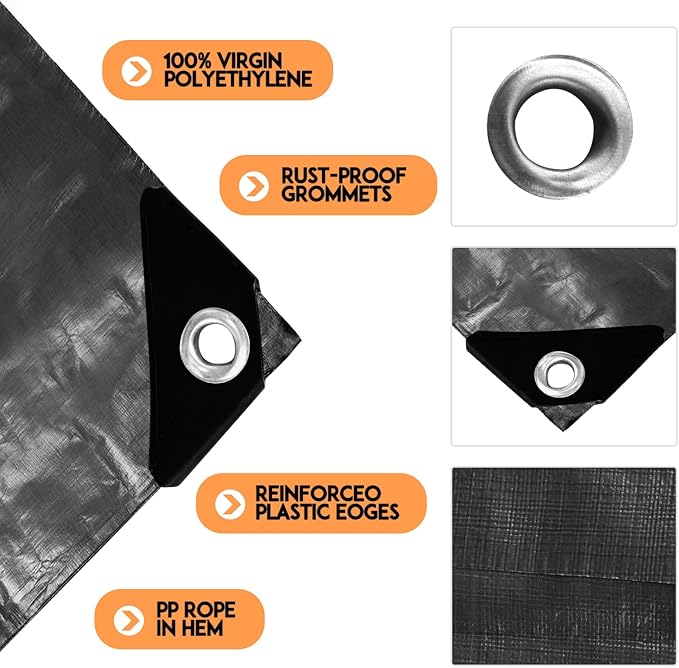 Tarp Heay Duty Waterproof 16x20ft,Black Plastic Tarp Cover Poly Tarpaulin for Outdoor Cover,Emergency Rain,Roof, Pool, Boat,Camping - Multipurpose with 12Mil Thickness