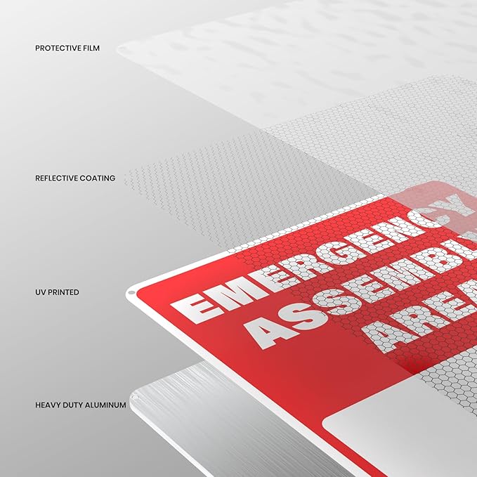 2 Pack Emergency Assembly Area 2 Sign 18 × 12 Inches Aluminum Metal Reflective Safety Signage with Pre-Drilled Holes for Business Construction Site Warehouse