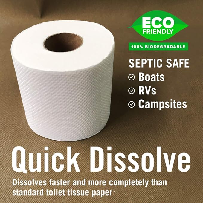 Boat and RV Toilet Paper, Septic Safe Quick Dissolving Tissue, 12 Single Rolls, Biodegradable 2-Ply for Marine, Travel, and Camper Systems, Camping Tank-Safe Bulk Pack
