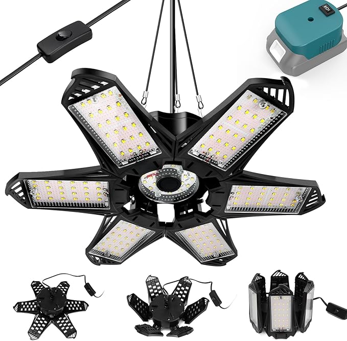LIVOWALNY LED Work Light Compatible with Makita 18V Battery, 68W 6800LM LED Garage Flood Lights with 6+1 Deformable Panels, Battery Powered Pendant Ceiling Light for Shed Workshop Garage Home