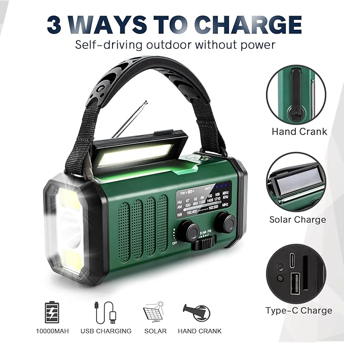 10000mAh Hand Crank Emergency Radio, NOAA Weather Radio with AM/FM solar Radio, Rechargeable Battery, Flashlight & Reading Light, SOS Cell Phone Charger for Christmas gift Indoor Outdoor Emergencies