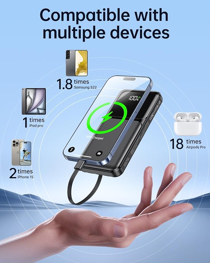 Power Bank Portable Charger with Built in Cable 10000mAh USB C Fast Charging Travel Essential Battery Pack for iPhone iPad Samsung Android etc