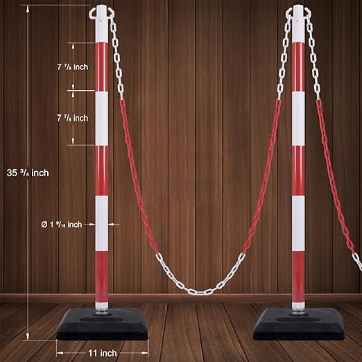 4 Pack Red White Portable Work Zone Chain Post Set, Premium Crowd Control Stanchion Sets, 40" H Traffic Delineator Post Cones with Heavy Rubber Base, 80" Plastic Chain Barriers