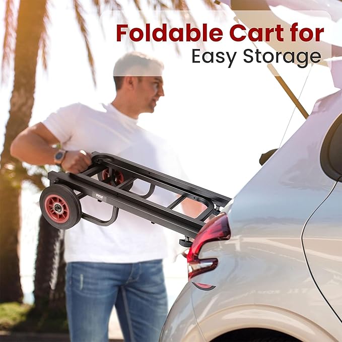 Pyle Compact Folding Adjustable Equipment Cart - Heavy Duty 8-in-1 Convertible Cart Hand Truck/Dolly/Platform Cart with R-Trac Wheels - Expandable Up to 25.24" to 40.24" - Pyle PKEQ38