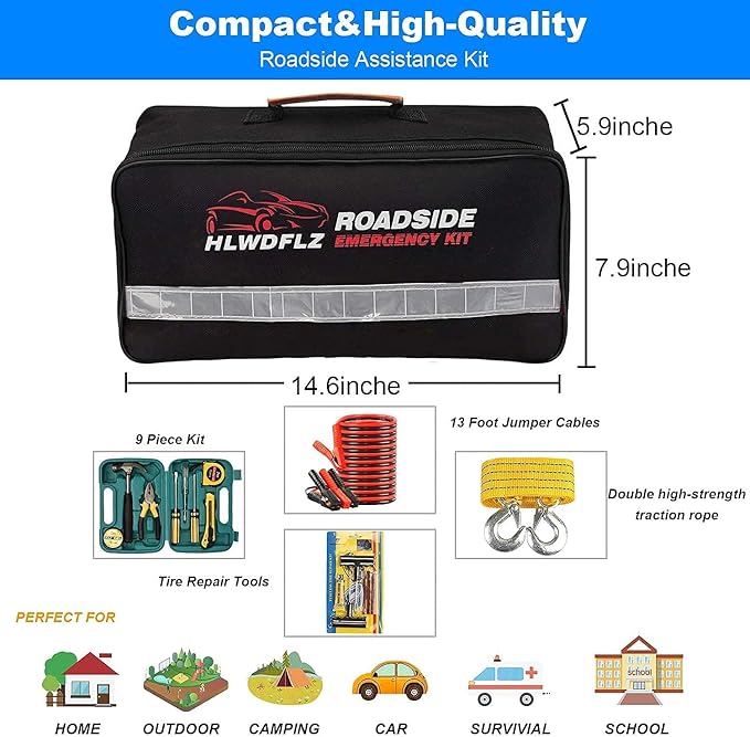Car Roadside Emergency Kit,with13FT Jumper Cables,Winter Traveler Safety Emergency Kit with Blanket Shovel Triangle First Aid Kit for SUV RV