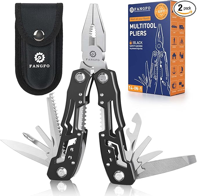 14-In-1 Multitool with Safety Locking, Professional Stainless Steel Multitool Pliers Pocket Knife, Bottle Opener, Screwdriver with Nylon Sheath ，Apply to Survival,Camping, Hunting and Hiking 2 Pcs