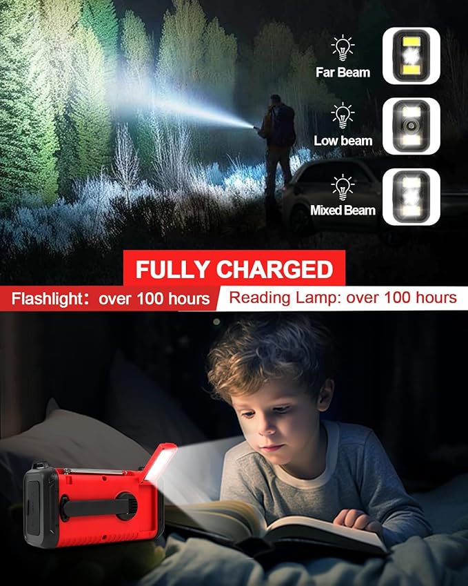 Emergency Crank Radio, 20000mAh / 74000mWh Solar Hand Crank Weather Radio with NOAA/AM/FM, Battery Powered Radio with Cell Phone Charger, Reading Lamp, Flashlight & SOS for Emergencies/Home