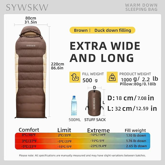 Down Sleeping Bag with Pillow, Ultralight Rectangular Sleeping Bag for Adults, Youth Backpacking,Hiking and Camping Outdoor with YKK Two-Way Zipper 680 FP Down