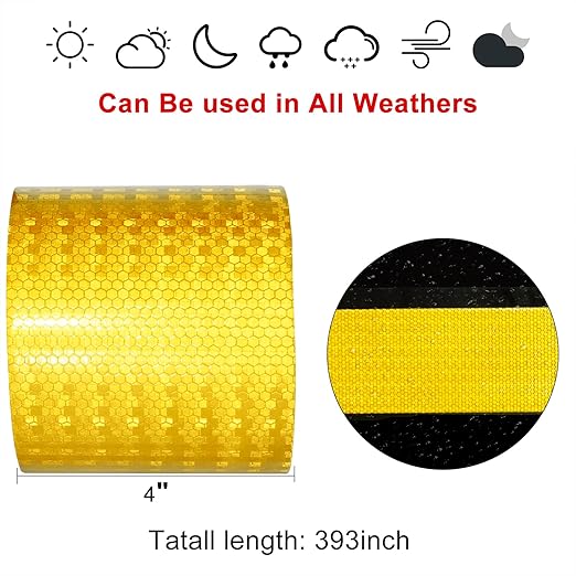Reflective Tape, Waterproof Self Adhesive Dot Reflective Tape Outdoor Safety Caution Reflector for Trailers, Bikes, Cars（Yellow, 4 Inch x 32.8 Feet）