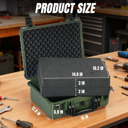 16x 12.8x 6.8 Inch Hard Case, Portable Weather Waterproof Protective Camera Case with Customizable Foam, Fit Use of Drones, Camera, Equipments, Green