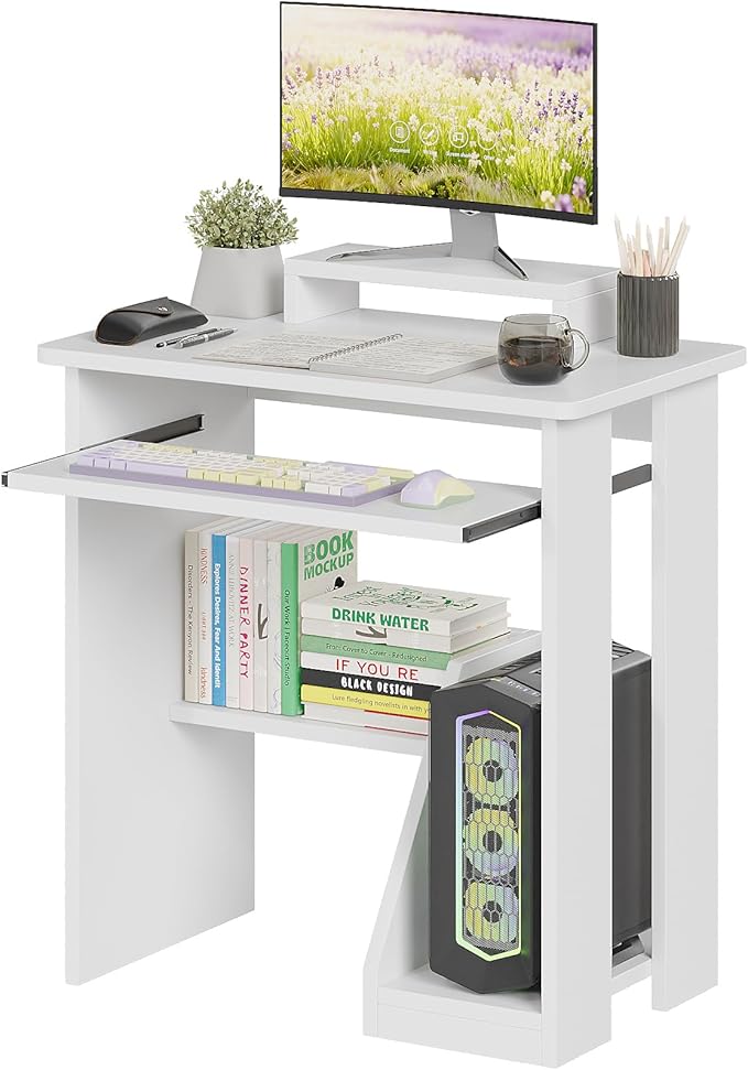 ALISENED 30" Small Computer Desk with Keyboard Tray Monitor Stand, Study Writing Desk with Storage Shelves, Modern Workstation for Small Spaces, Save Space, White