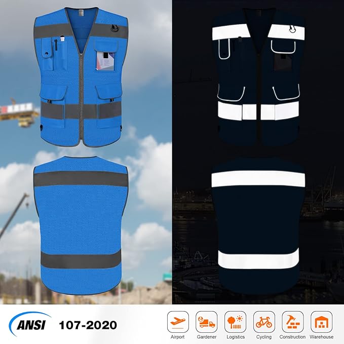 TCCFCCT Mesh Reflective Vest 9 Pockets High Visibility Safety Vest for Men Women, Hi Vis Construction Vest with Reflective Strips, Meets ANSI/ISEA Standards, (Blue, Small)