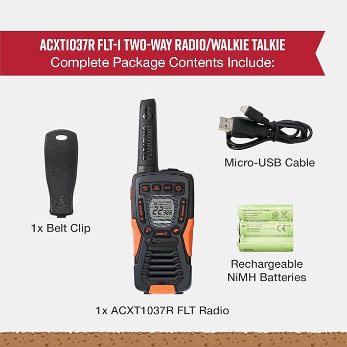 Cobra ACXT1037R FLT Floating Walkie Talkie - Waterproof, Rechargeable, Long Range up to 37-Mile Two Way Radio with NOAA Weather Alert & VOX, (1 Pack)