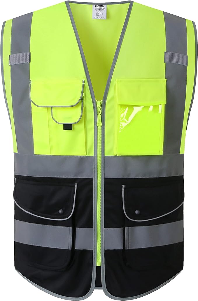 JKSafety 9 Pockets High Visible Reflective Safety Vest Zipper Front Breathable Lining, Yellow-Black Meets ANSI/ISEA Standards(150-Yellow-Black L