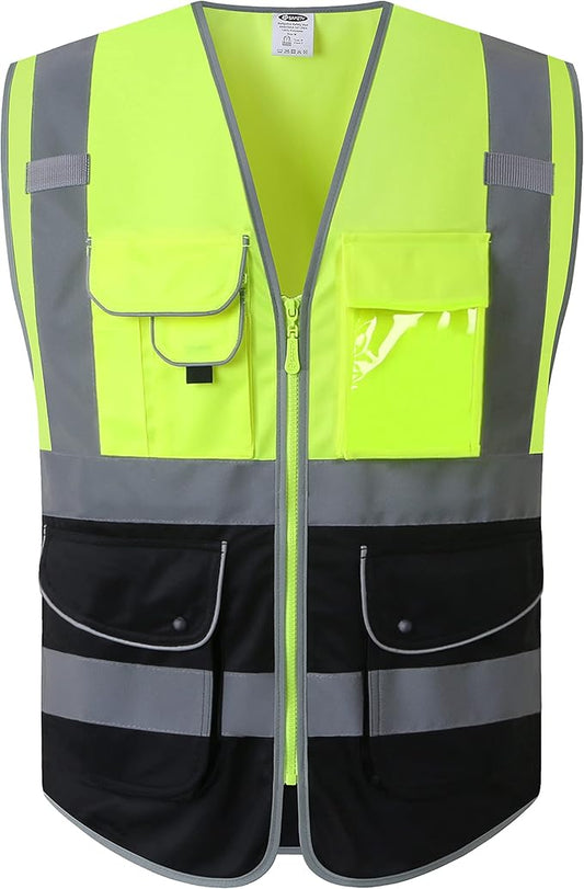 JKSafety 9 Pockets High Visibility Zipper Front Safety Vest With Reflective Strips,Meets ANSI/ISEA Standard (150-Yellow-Black, 3XL)