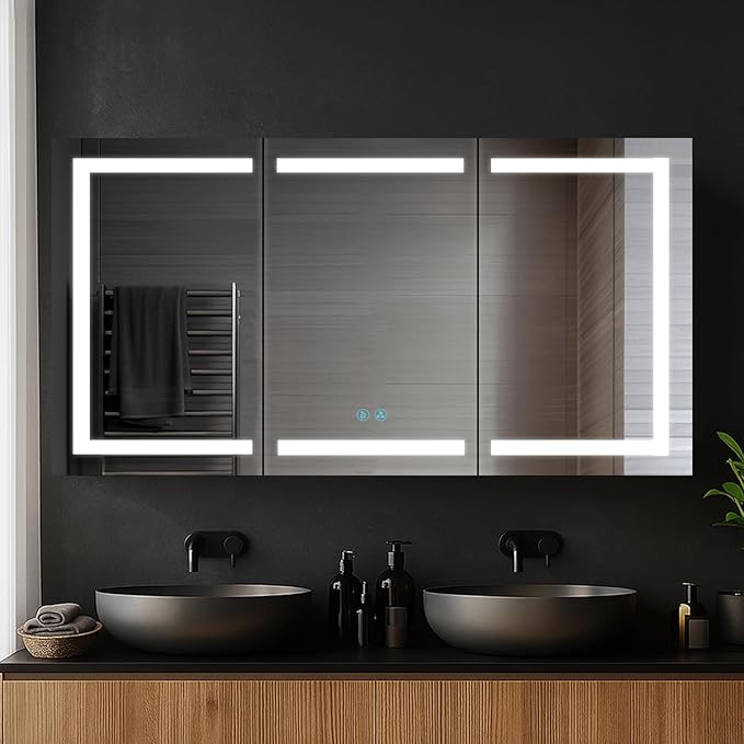 Blossom 60-Inch LED Lighted Mirror Medicine Cabinet - Recessed or Surface Mount Bathroom Cabinet - One Touch Built-in Defogger - Dimmer - Makeup Mirror - 3 Adjustable Glass Shelves