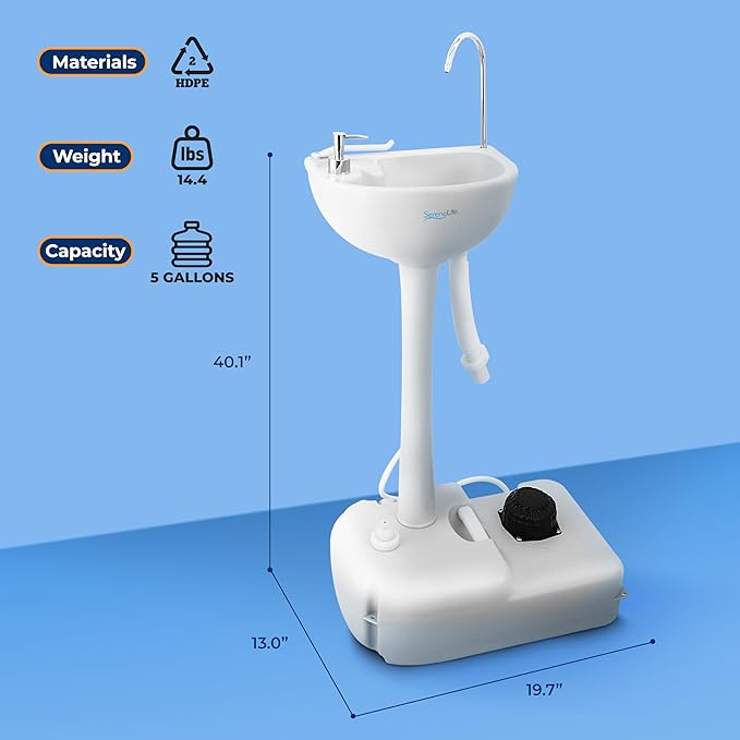 SereneLife Portable Camping Sink with 19L (5+ Gallon) Water Tank, Hands-Free Foot Pump, Soap Dispenser & Towel Holder, Compact Design with Carry Handle – Perfect for Camping, Worksites, Outdoors