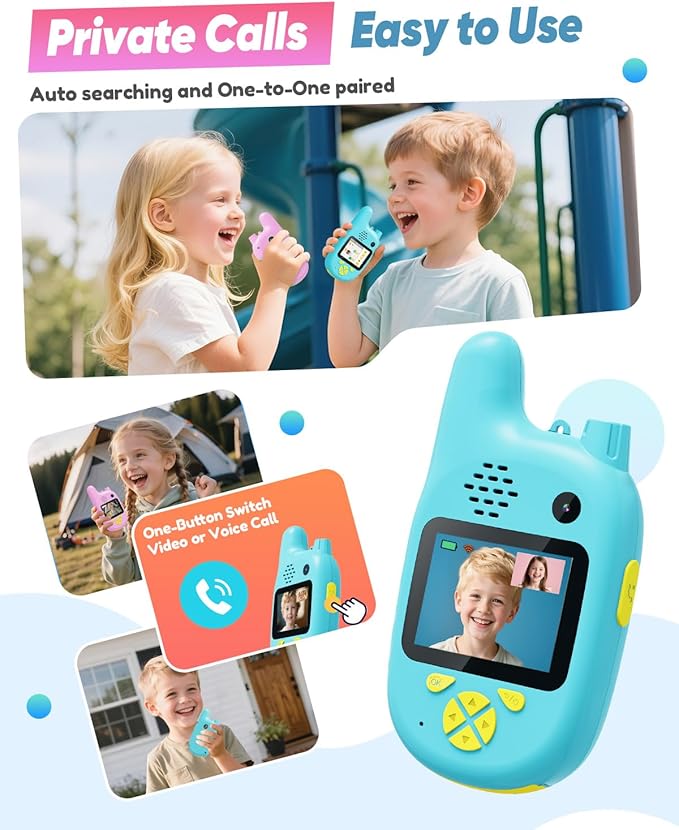 Video Walkie Talkies for Kids, 2 Pack Rechargeable Toys Walkie-Talkies, Dual Camera & Voice Changer, Gifts for Boys Girls Age 3-12 Birthday Christmas, Long Range Adventure Game Camping Outdoor Indoor
