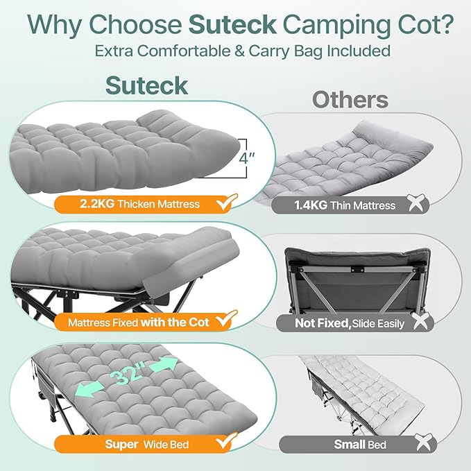Suteck 32In XXL Folding Camping Cot, 900LBS Heavy Duty Sleeping Cot with Pillow Mattress, 1200D Double-Layer Oxford Portable Cot for Adults with Carry Bag for Home Office Nap Beach Travel