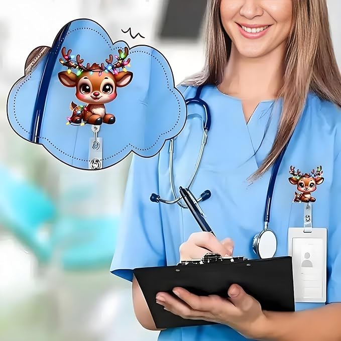 Deer Badge Holder Christmas Badge Reel Retractable Badge with Alligator Clip Colorful Light String Reindeer ID Badge Holder Cute Acrylic Badge Clips for Holiday Nurses Nursing Students Teachers Office