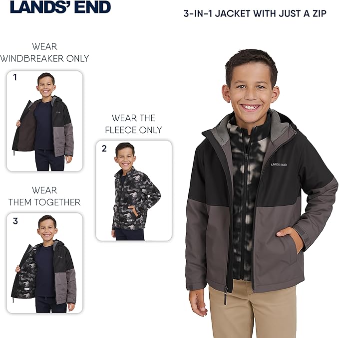 Lands' End Unisex Kids 3-in-1 Water Resistant Windbreaker and Zip-out Polar Fleece Jacket