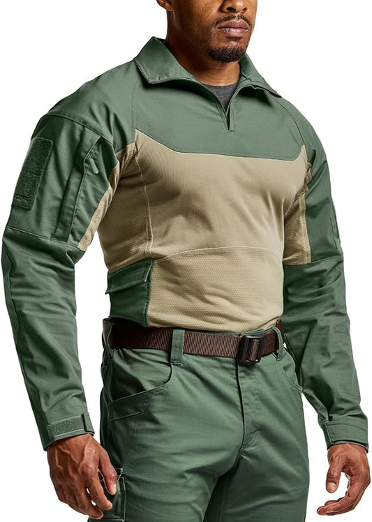 CQR Men's Combat Shirt Tactical 1/4 Zip Long Sleeve Military BDU Shirts Camo EDC Top with Pockets