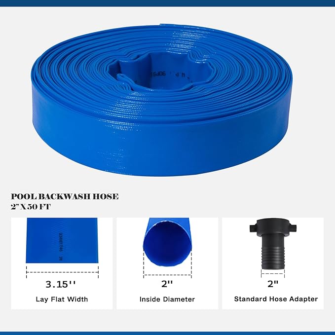 Eastrans 2 in x 50 ft Pool Backwash Hose Kit with Female NPT Adapter,Heavy Duty Discharge Pump Hose for Swimming Pool,Reinforced Pool Drain Hose with 2 Clamps and Thread Seal Tape,6 Bar