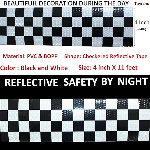 Black White Reflective Tape 4 inch, Outdoor Waterproof Hazard Conspicuity Warning Industrial Marking Tape (11 feet)