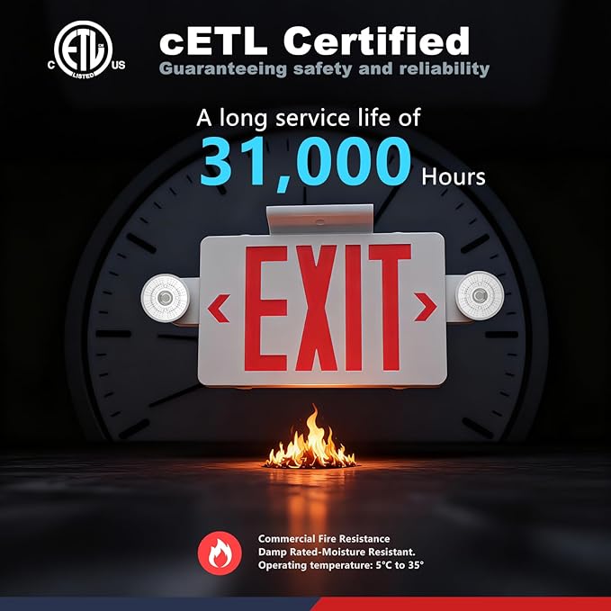 Exit Sign with Emergency Lights,LED Emergency Exit Light with Battery Backup,AC 120/277V, Commercial Emergency Lights Combo for Business Wall Or Ceiling Mount ETL Listed 1 Pack