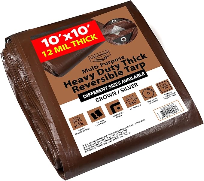 [10'X10'] RSW Heavy Duty Waterproof 12 Mil Safety Reversible Tarp Cover, UV Resistant, Rip and Tear Proof Tarpaulin with Reinforced Edges - for Roof, Camping, Patio, Pool Cover, Boat (Brown/Silver)