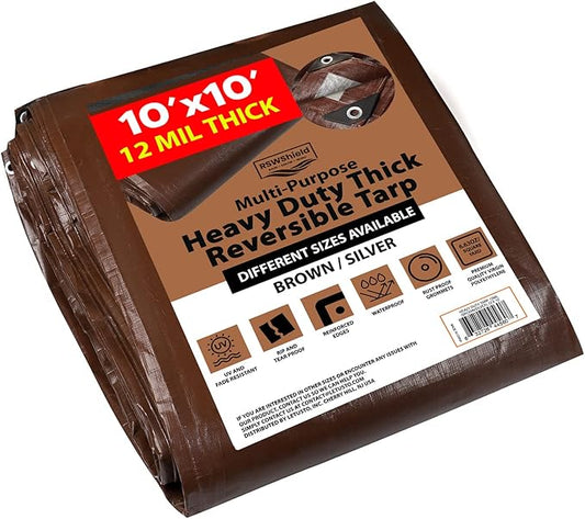 [10'X10'] RSW Heavy Duty Waterproof 12 Mil Safety Reversible Tarp Cover, UV Resistant, Rip and Tear Proof Tarpaulin with Reinforced Edges - for Roof, Camping, Patio, Pool Cover, Boat (Brown/Silver)