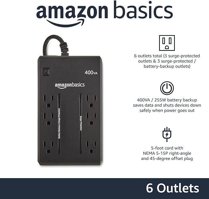 Amazon Basics UPS Battery Backup & Surge Protector 400VA/255W, 6 Outlets, Standby Uninterruptible Power Supply, for Power Outage Protection, Compact, Black