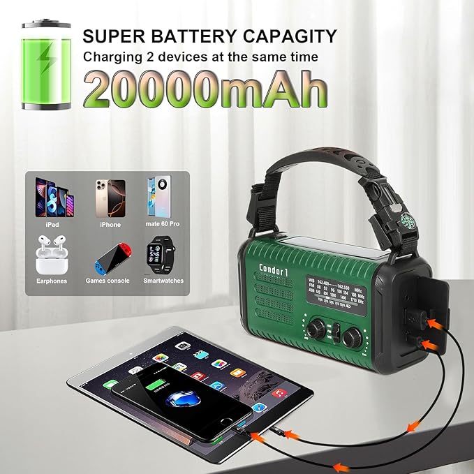 20000mAh / 74000mWh Emergency Radio, Solar Hand Crank Radio AM/FM/NOAA Weather Radio, Battery Powered with Cell Phone Charger, SOS Alarm, Flashlight & Reading Lamp for Emergencies Hurricane Camping