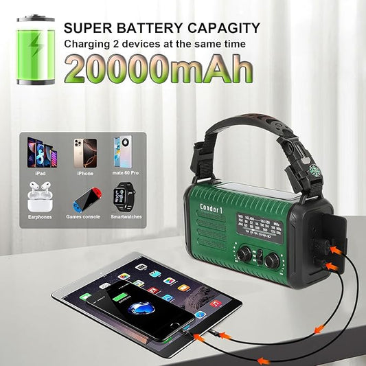 20000mAh / 74000mWh Emergency Radio, Solar Hand Crank Radio AM/FM/NOAA Weather Radio, Battery Powered with Cell Phone Charger, SOS Alarm, Flashlight & Reading Lamp for Emergencies Hurricane Camping